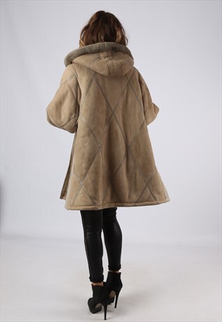 SHEEPSKIN LEATHER SHEARLING HOODED COAT UK 16 - 18 (B9DF)