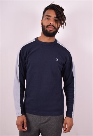 FRED PERRY MENS VINTAGE SWEATSHIRT JUMPER SMALL BLUE 90S