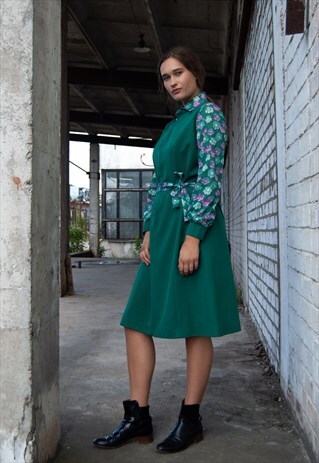 VINTAGE RETRO GREEN MIDI DRESS WITH BELT