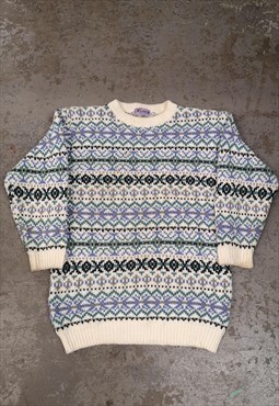 Vintage Patterned Knit Jumper Abstract Blue Cottagecore