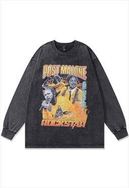 Post Malone t-shirt vintage wash top rapper print long tee