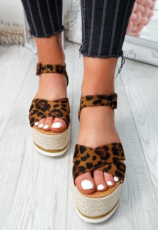 WOMENS PLATFORM SANDALS ESPADRILLE FLATFORMS LEOPARD SHOES