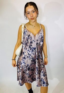 Vintage Size XL Floral Satin Slip Dress in Multi