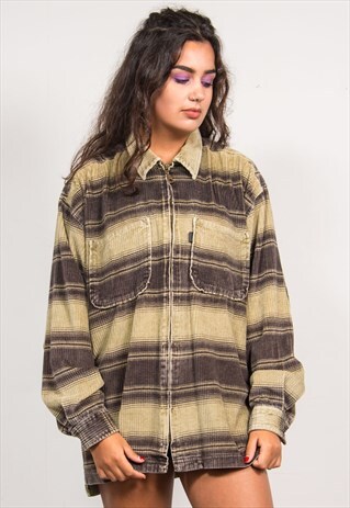 VINTAGE 90'S GREEN STRIPED CORD THICK ZIP FASTEN SHIRT