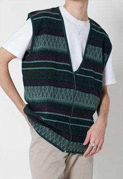 Vintage 90s Zip Up Winter Vest in Green Pattern Unisex L/XL