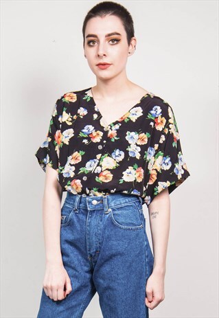 VINTAGE 90'S BLACK FLORAL PATTERN COLLARLESS BLOUSE SHIRT