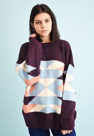 90'S RETRO ETHNIC PATTERN OVERSIZED KNIT JUMPER