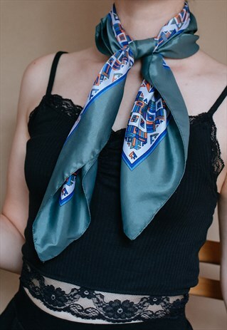 VINTAGE 80S GREEN PATTERNED SCARF