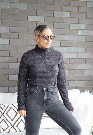 VINTAGE Y2K BLACK GEOMETRIC PRINTED QUARTER ZIP FLEECE