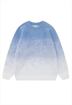 Gradient fluffy sweater tie-dye knitted soft jumper in blue