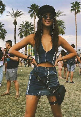 DENIM PANELLED A-LINE MINI SKIRT WITH RAW HEM