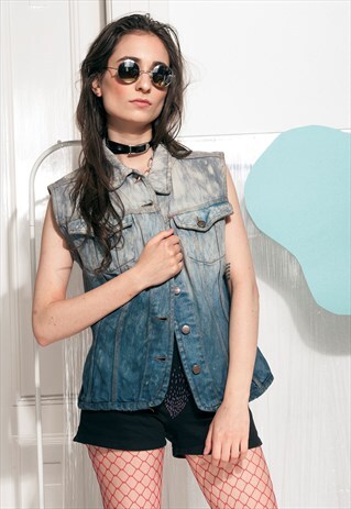 VINTAGE DENIM VEST 90S TIE-DYE REWORKED GRUNGE JEAN JACKET