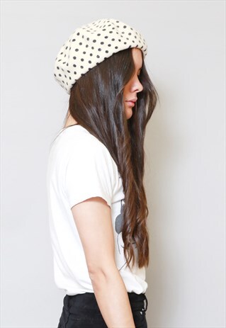 VINTAGE STYLE SOFT CREAM & BLUE POLKA DOT WOOL BERET