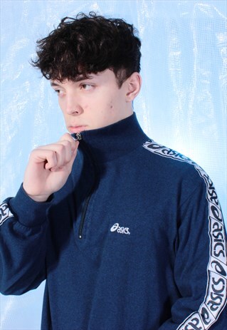VINTAGE ASICS NAVY 1/4 ZIPPED JUMPER WITH SLEEVE TAPING