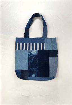 Vintage Blue Denim scraps Tote Bag with red velvet lining