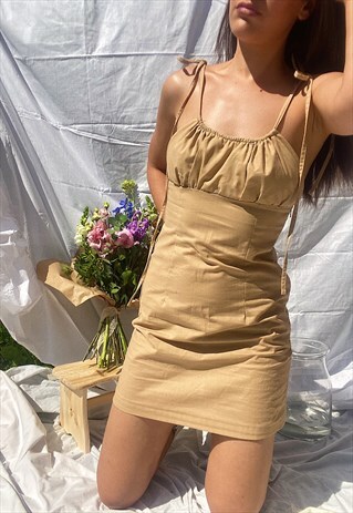 NUDE MILKMAID STYLE RUCHED MINI DRESS COTTON