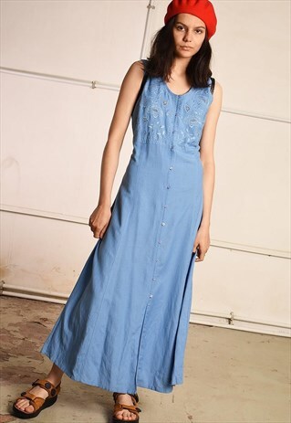 90'S RETRO EMBROIDERED PARIS CHIC PINAFORE MAXI DRESS