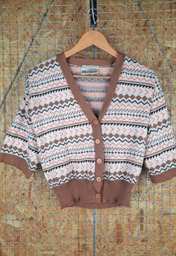 1970s Cream & Orange Geometric Knit Cardigan