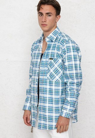 VINTAGE BLUE WHITE WRANGLER LONG SLEEVE CHECKERED SHIRT