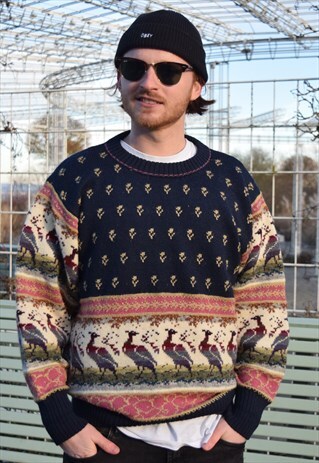 PEACOCK PATTERNED VINTAGE WOOL JUMPER