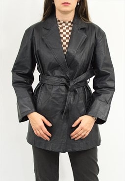 Vintage 90's leather jacket in black belted trench