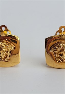 Vintage Gold Tone Medusa Motive Clip on Earrings 