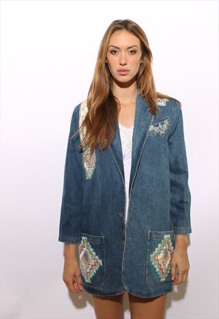 VINTAGE 1980'S 80'S PAINTED SOUTHWESTERN DENIM JACKET L-XL