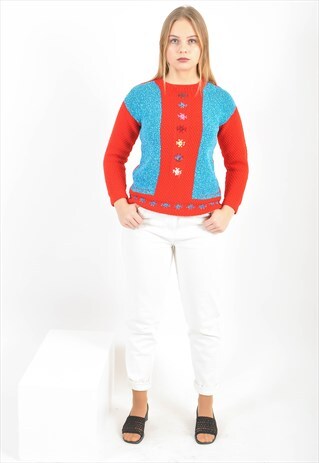 VINTAGE KNITWEAR JUMPER IN RED BLUE