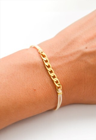 GOLD CHAIN BRACELET BEIGE CORD WITH GOLD FLAT LINK CHAIN