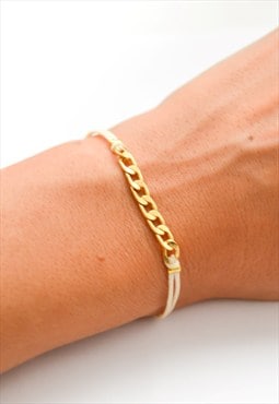 Gold chain bracelet beige cord with gold flat link chain