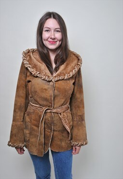 Vintage belt coat, fake sheepskin overcoat with hood 