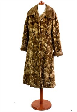 Womens Vintage 60s 70s Mottled Brown Beige Faux Fur Coat  