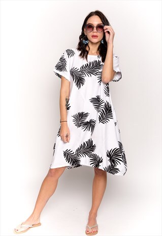 CY MULTI LEAVES PRINT BLACK WHITE CONTRAST COTTON DRESS