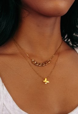 Gold Butterfly Pendant And Chunky Gold Link Layered Necklace