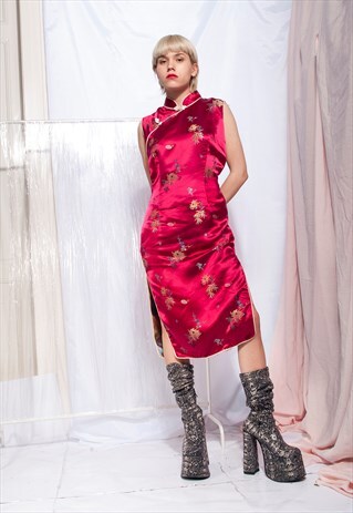VINTAGE CHINESE DRESS 90S MOCK NECK MAROON EVENING DRESS