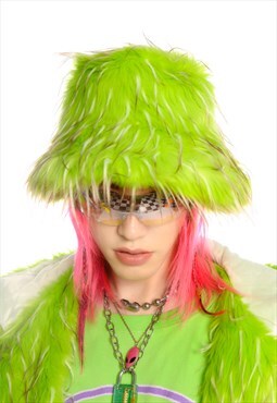 Festival faux fur bucket hat fluffy neon hat rave cap green