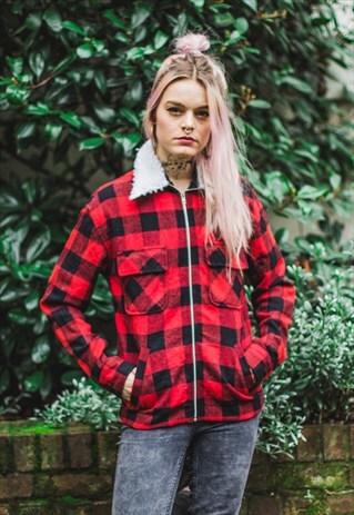 RED CHECKED MIXED WOOL JACKET WITH FAUX SHEARLING COLLAR