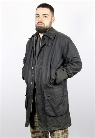 VINTAGE MENS BARBOUR BORDER WAX JACKET A205 BLUE SIZE C36/91
