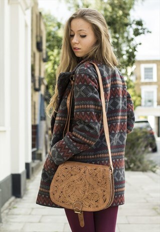 TAN LEATHER HAND CARVED SADDLE BAG