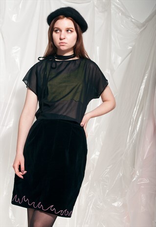 VINTAGE FLAME SKIRT 80S REWORKED EMBROIDERED VELVET MINI