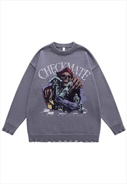 Pirate sweater skull print knit distressed jumper in grey