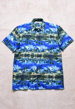 VINTAGE 90S BLUE HAWAIIAN FUNKY PRINT CASUAL SHIRT