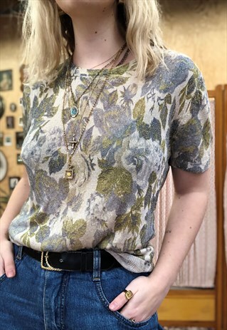VINTAGE 90S GLITTER PRINTED FLOWER T-SHIRT