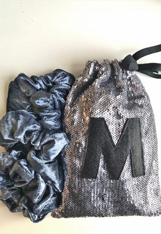 3 PERSONALISED REWORKED VELVET SCRUNCHIES & SEQUIN GIFT BAG