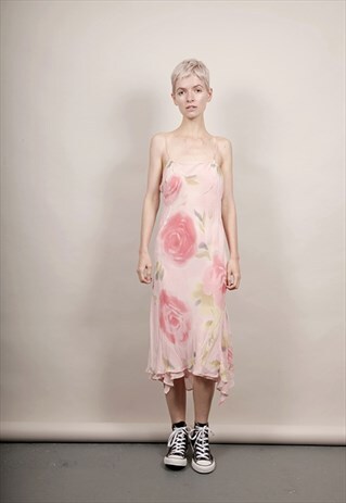 VINTAGE 90'S PINK FLORAL CHIFFON SLIP DRESS
