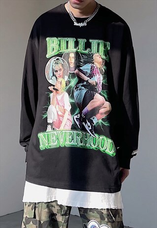 BLACK BILLIE GRAPHIC OVERSIZED LONG SLEEVE T SHIRT Y2K