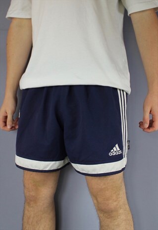 VINTAGE ADIDAS SHORTS IN NAVY WITH EMBROIDERED LOGO AND DRAW