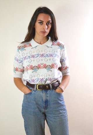 1980S VINTAGE COLLERED PATTERN KNIT CROP SLEEVE JUMPER