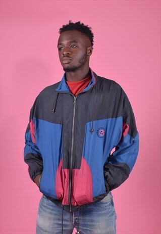 VINTAGE BLACK, BLUE AND PINK SHELL TRACK JACKET
