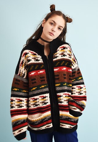 80'S RETRO JAZZY ABSTRACT PATTERN CHUNKY KNIT CARDI